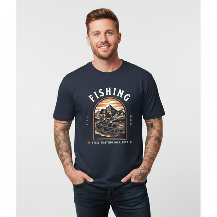 Male model wearing navy fishing t-shirt