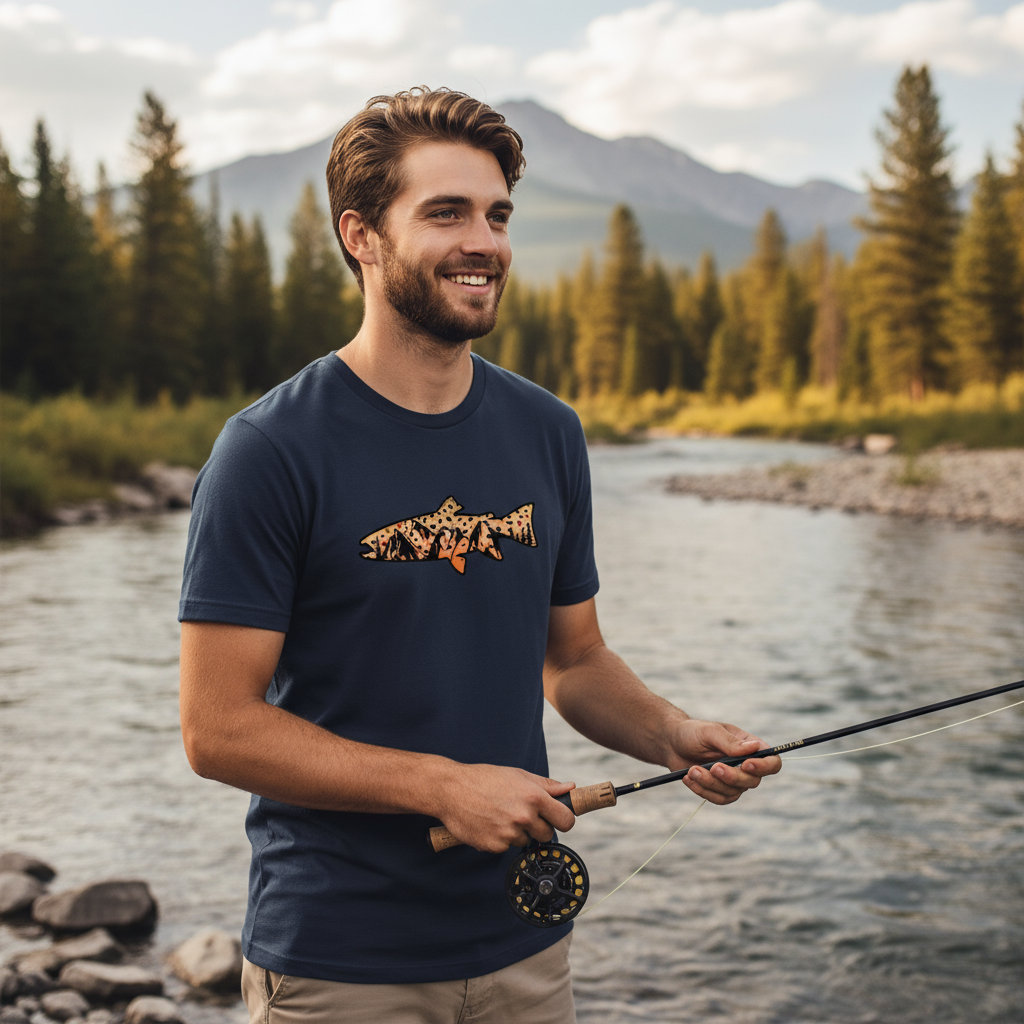 Male model wearing navy t-shirt with brown trout