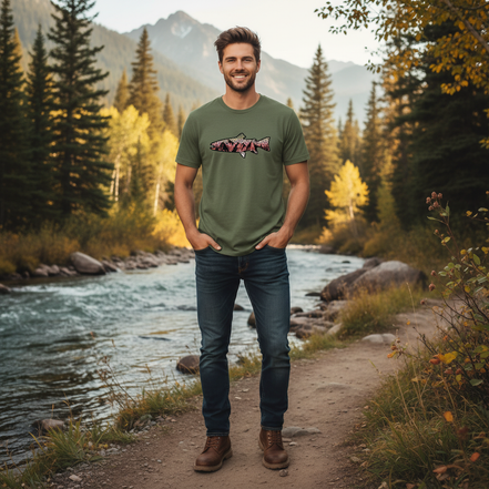 Male model wearing Rainbow Trout T-Shirt in military green