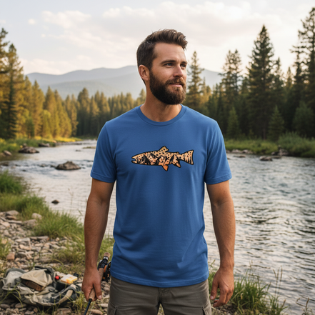 Male model wearing royal blue brown trout t-shirt