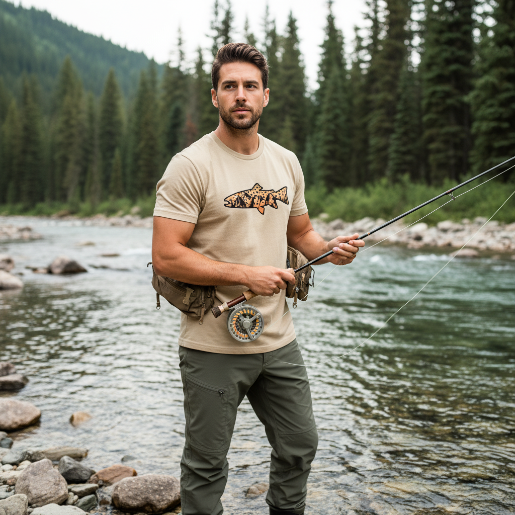 Male model wearing sand t-shirt holding fly rod