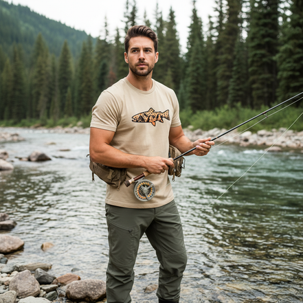 Male model wearing sand t-shirt holding fly rod
