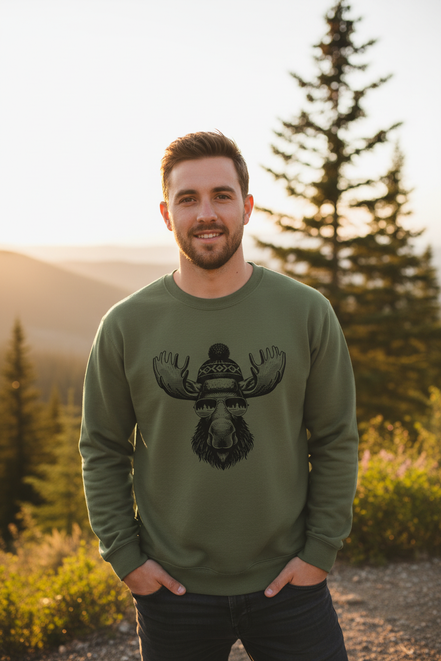Military green sweatshirt with a moose wearing a beanie and sunglasses