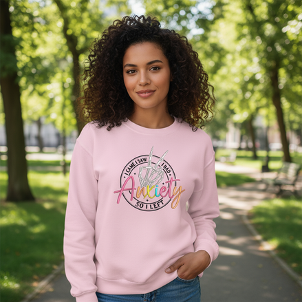 Model wearing anxiety sweatshirt outdoors
