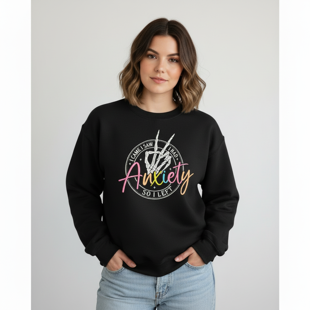 Model wearing black anxiety sweatshirt