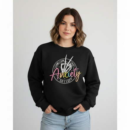 Model wearing black anxiety sweatshirt