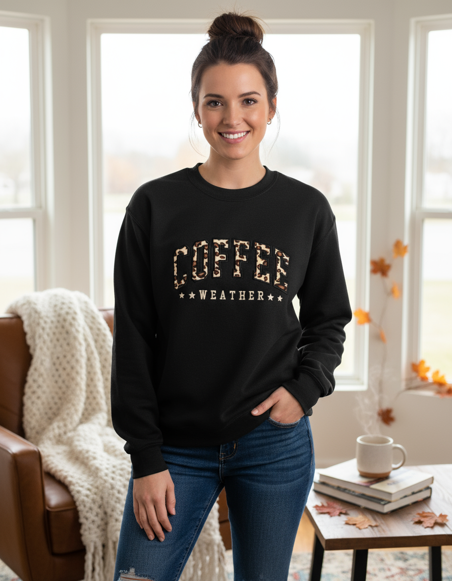 Model wearing black Coffee Weather sweatshirt with cream stitching