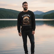 Model wearing black fishing sweatshirt in lake setting