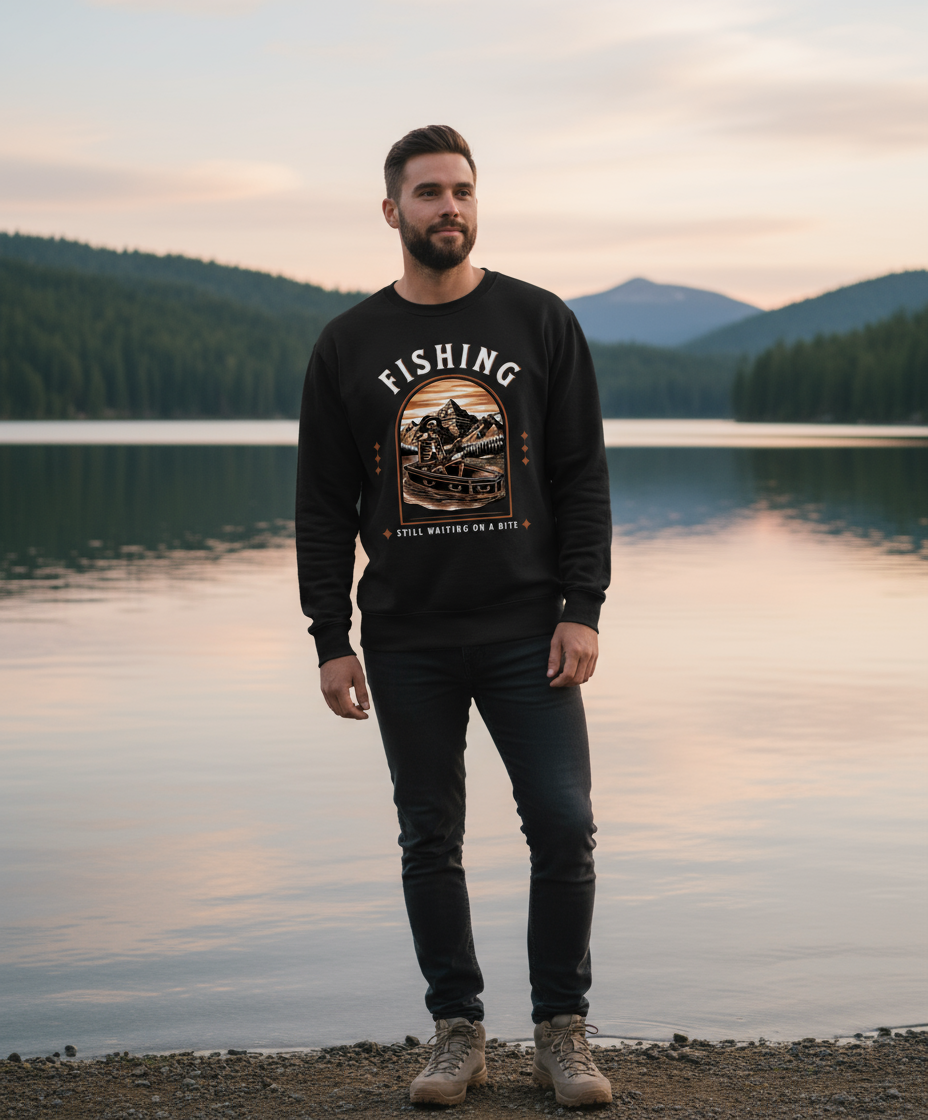 Model wearing black fishing sweatshirt in lake setting