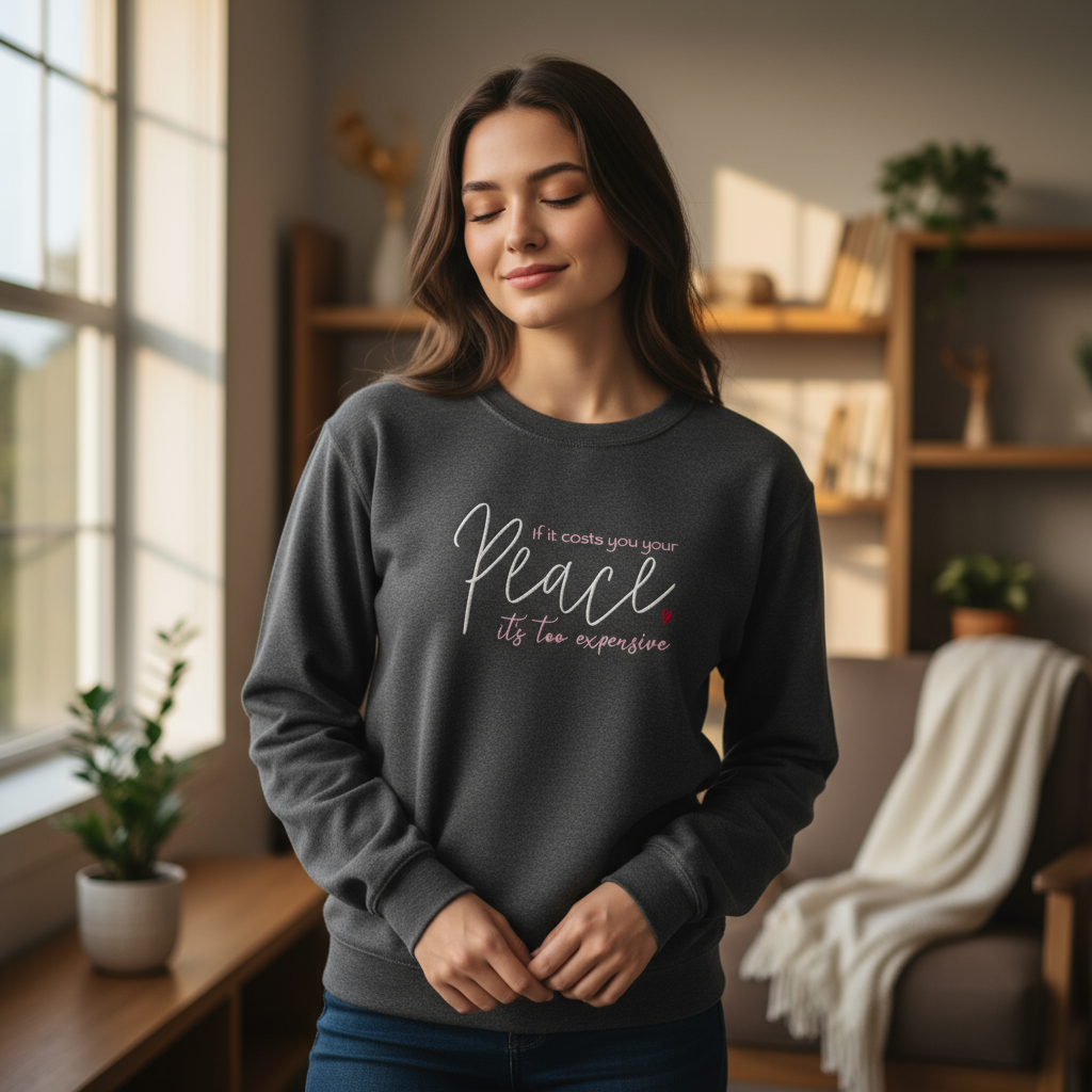 Model wearing black If It Costs You Your Peace embroidered sweatshirt