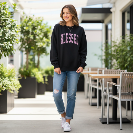 Model wearing Blessed sweatshirt