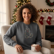 Model wearing Christmas Cat Embroidered Sweatshirt in charcoal gray