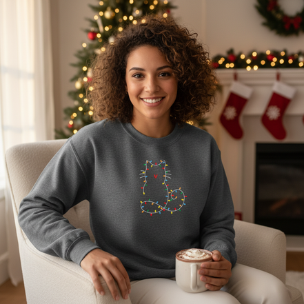 Model wearing Christmas Cat Embroidered Sweatshirt in charcoal gray