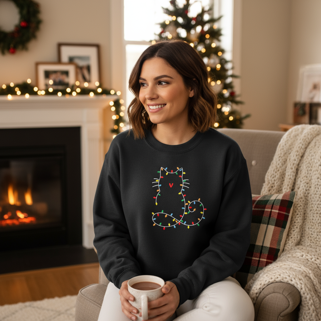 Model wearing Christmas Cat Embroidered Sweatshirt in charcoal