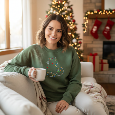 Model wearing Christmas Cat Embroidered Sweatshirt in military green