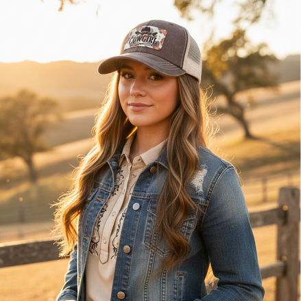 Model wearing Cow Print Cowgirl Patch Hat
