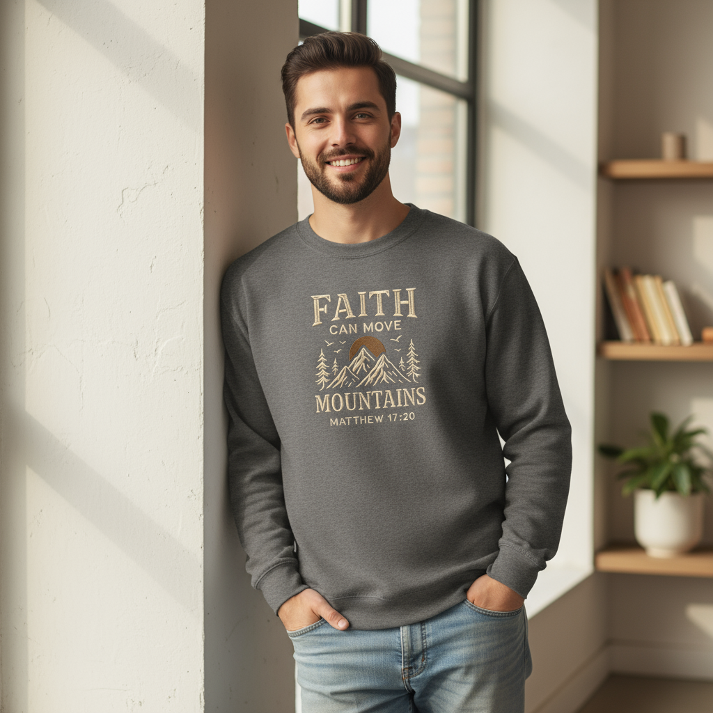 Model wearing Faith Can Move Mountains sweatshirt in charcoal