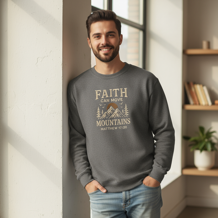 Model wearing Faith Can Move Mountains sweatshirt in charcoal