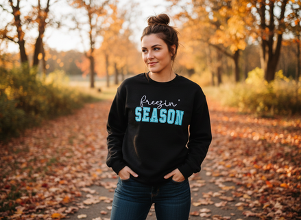 Model wearing Freezin' Season sweatshirt