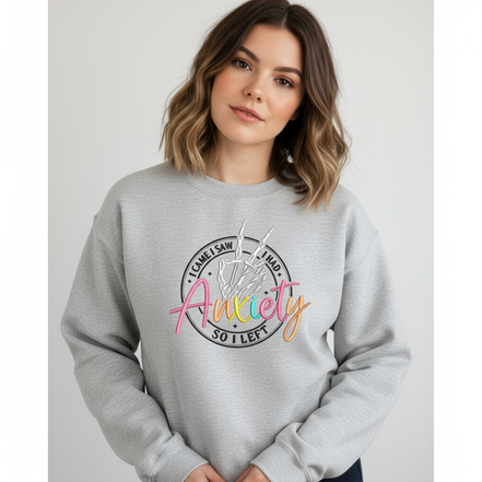 Model wearing Gildan sport grey sweatshirt with I Came I Saw I Had Anxiety design