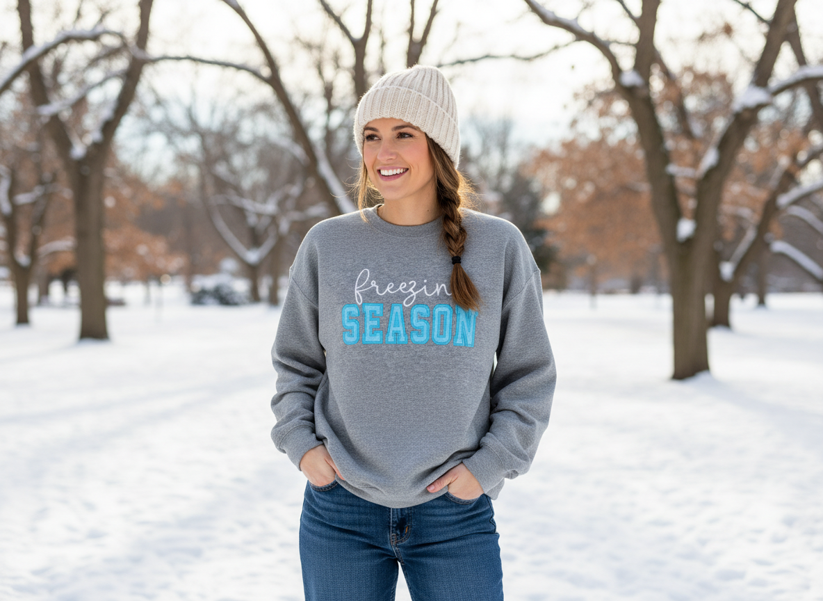 Model wearing grey Freezin' Season sweatshirt
