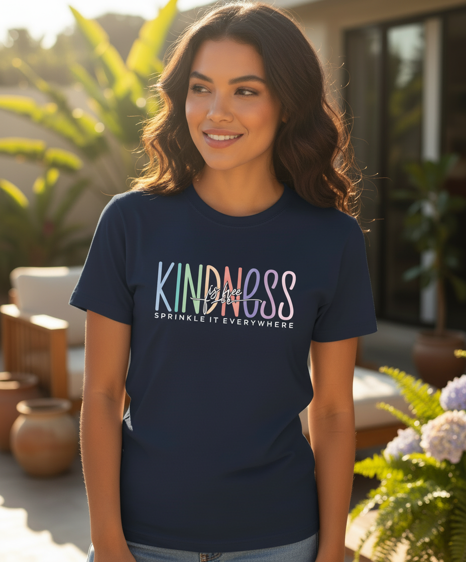 Model wearing Kindness is Free on royal blue Gildan Softstyle