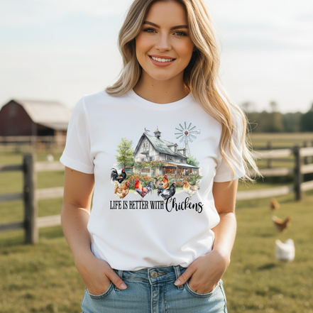 Model wearing Life Is Better With Chickens t-shirt in bright white