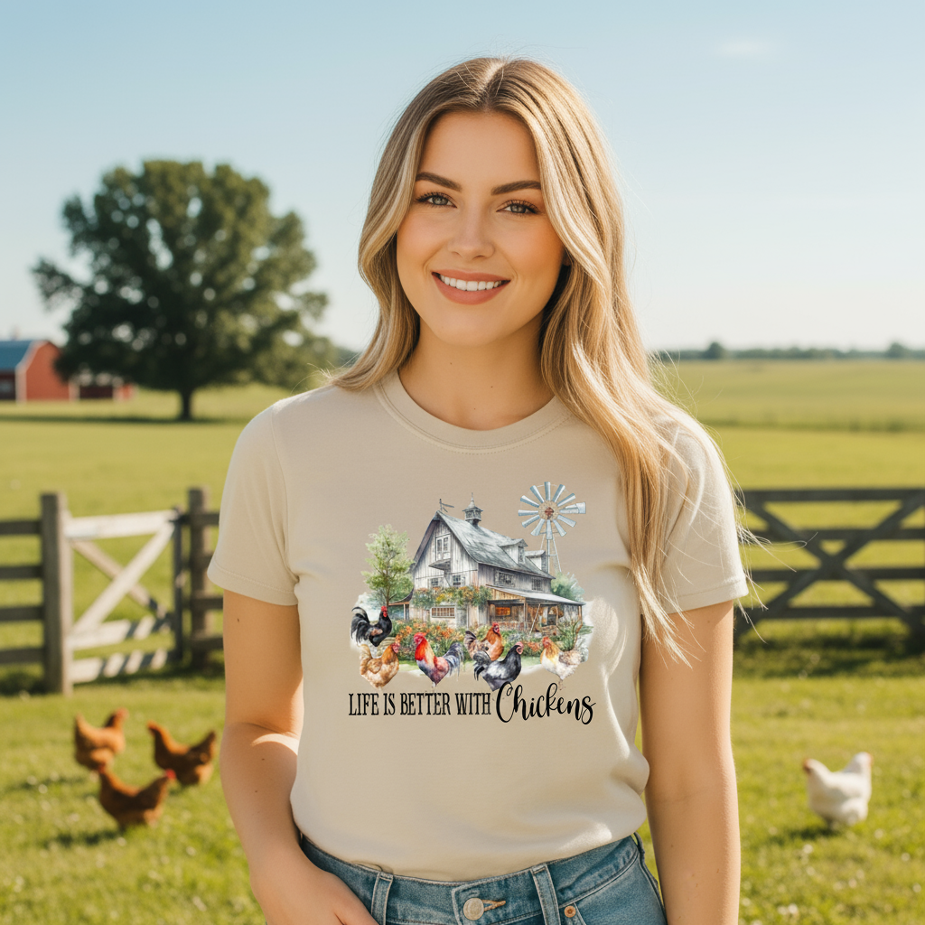 Model wearing Life Is Better With Chickens t-shirt in light grey