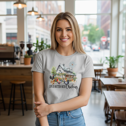 Model wearing Life Is Better With Chickens t-shirt in sports grey in urban setting
