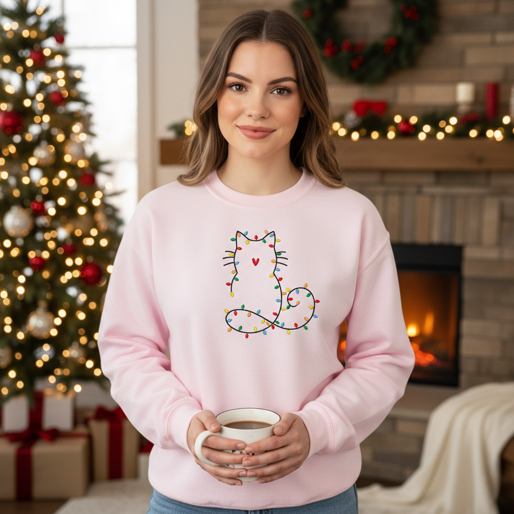 Model wearing light pink sweatshirt in Christmas setting