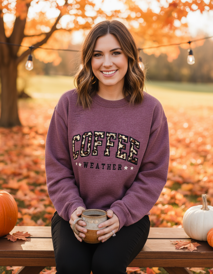Model wearing light tan Coffee Weather sweatshirt with visible text