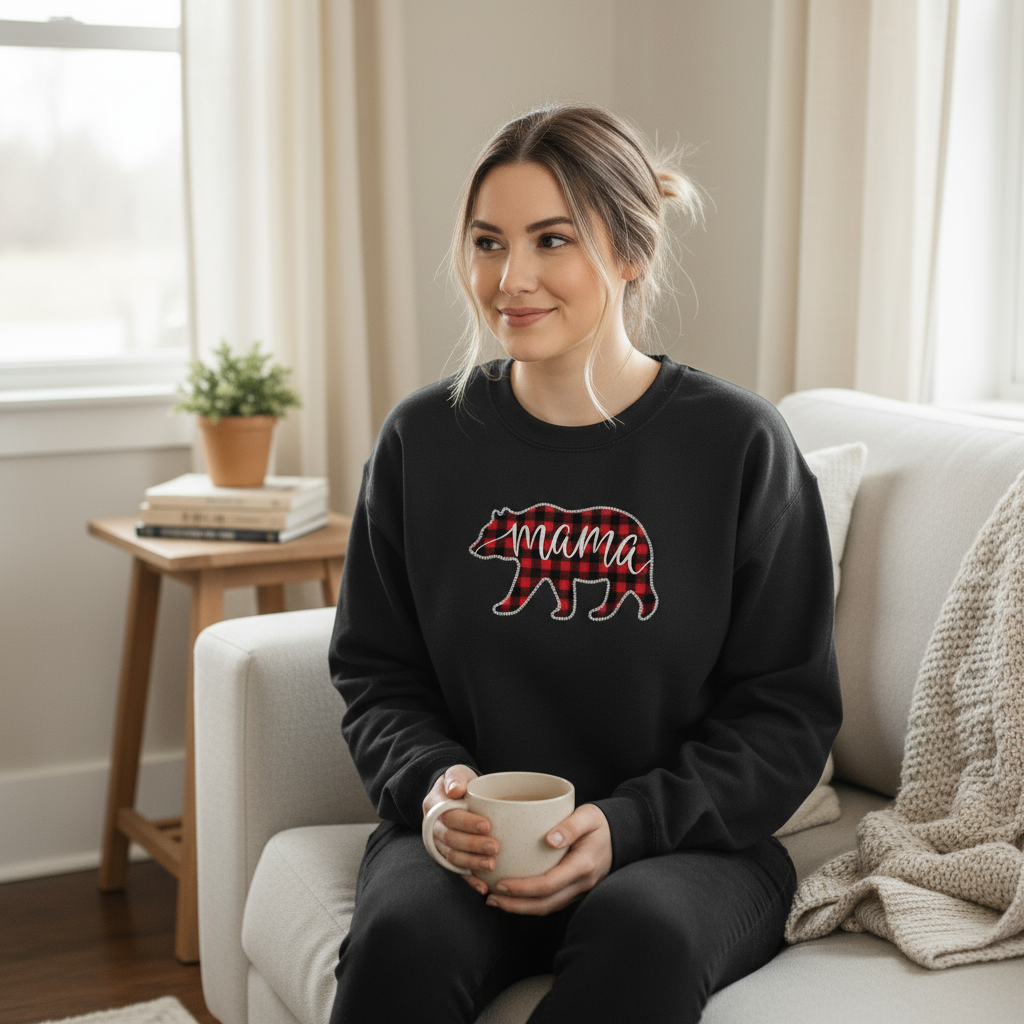 Model wearing Mama Bear sweatshirt in black