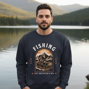Model wearing navy fishing sweatshirt in lake setting