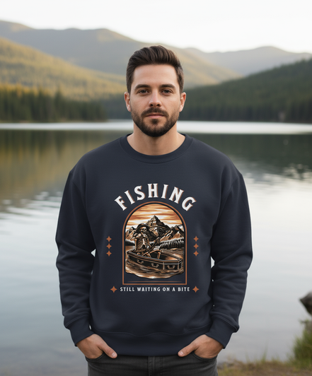 Model wearing navy fishing sweatshirt in lake setting
