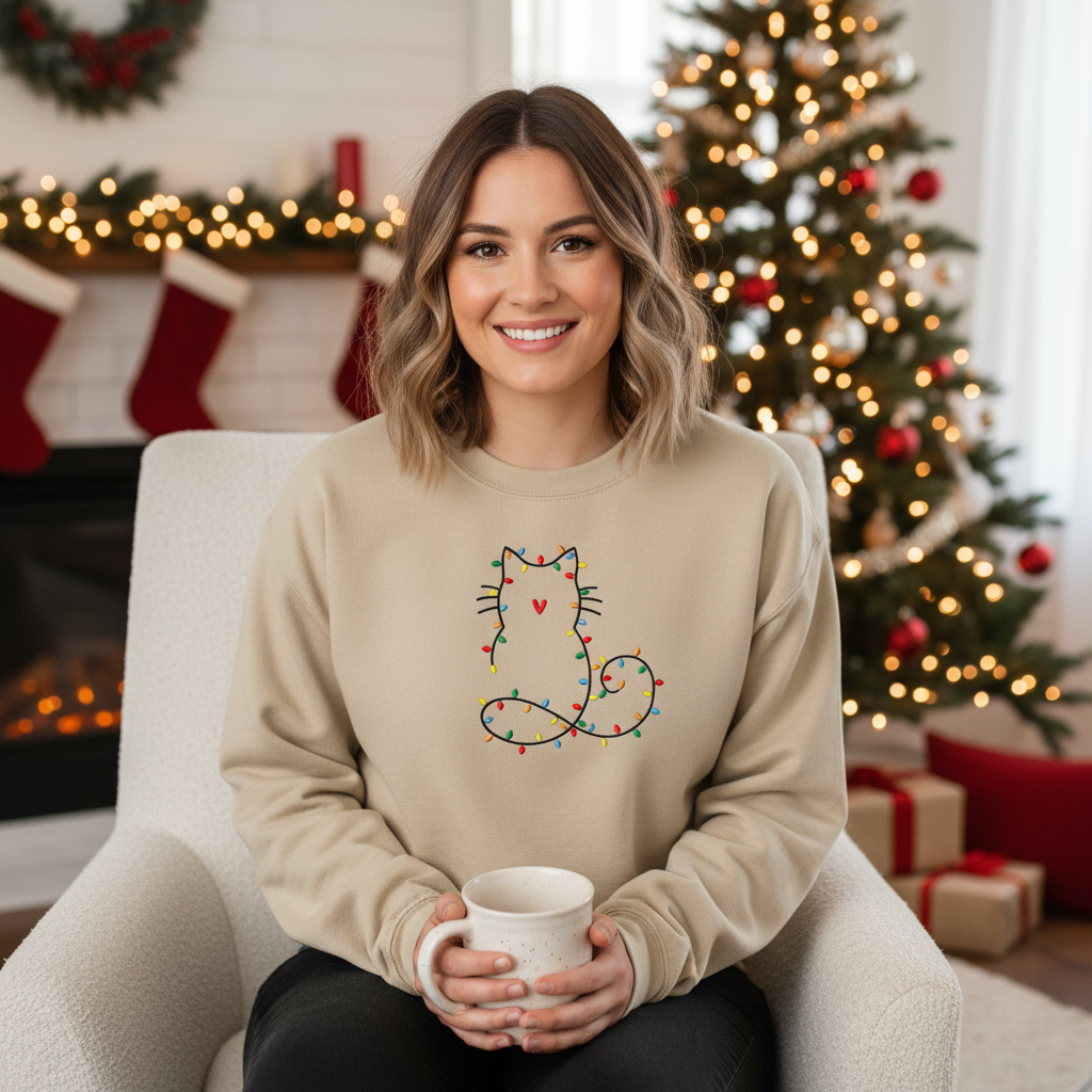 Model wearing sand-colored sweatshirt in Christmas setting