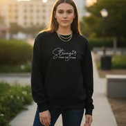 Model wearing Stronger Than The Storm sweatshirt in black