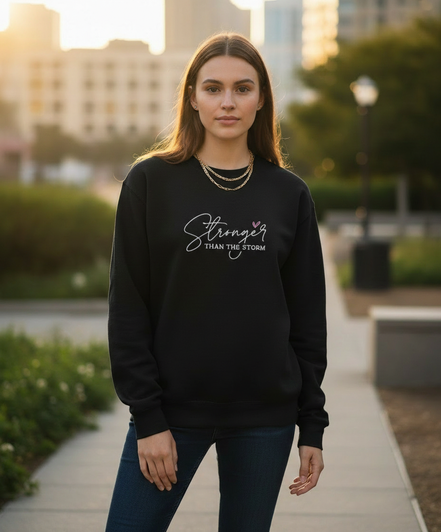 Model wearing Stronger Than The Storm sweatshirt with higher text placement