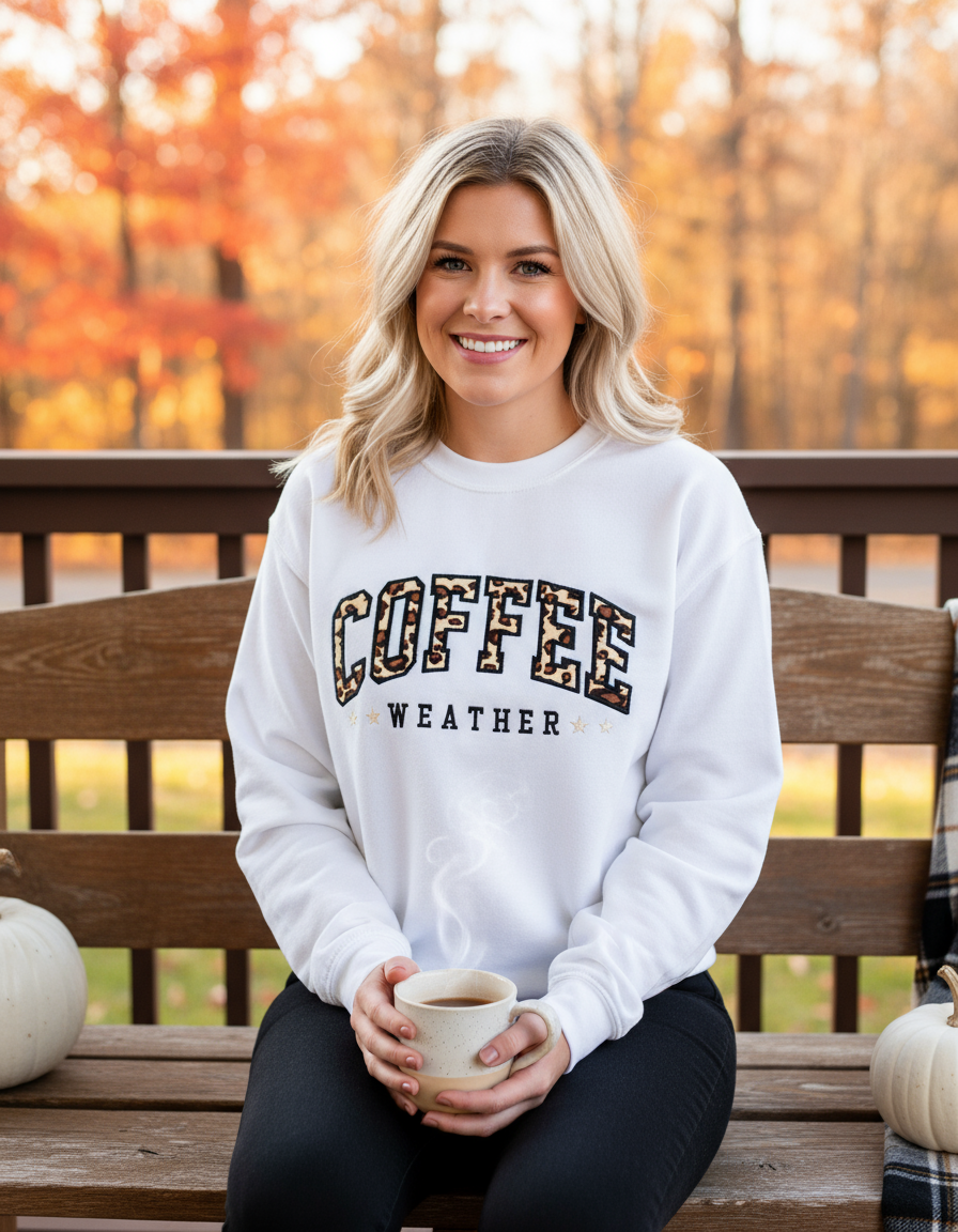 Model wearing white Coffee Weather sweatshirt