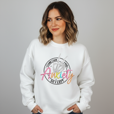 Model wearing white Gildan sweatshirt with I Came I Saw I Had Anxiety design