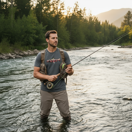 Rainbow Trout T-Shirt charcoal with model fly fishing
