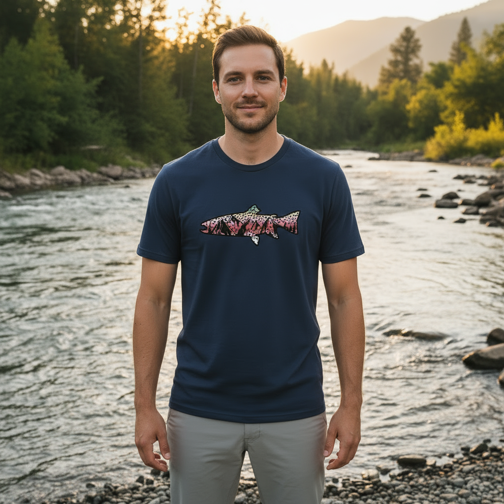 Rainbow Trout T-Shirt in Navy - Front Facing