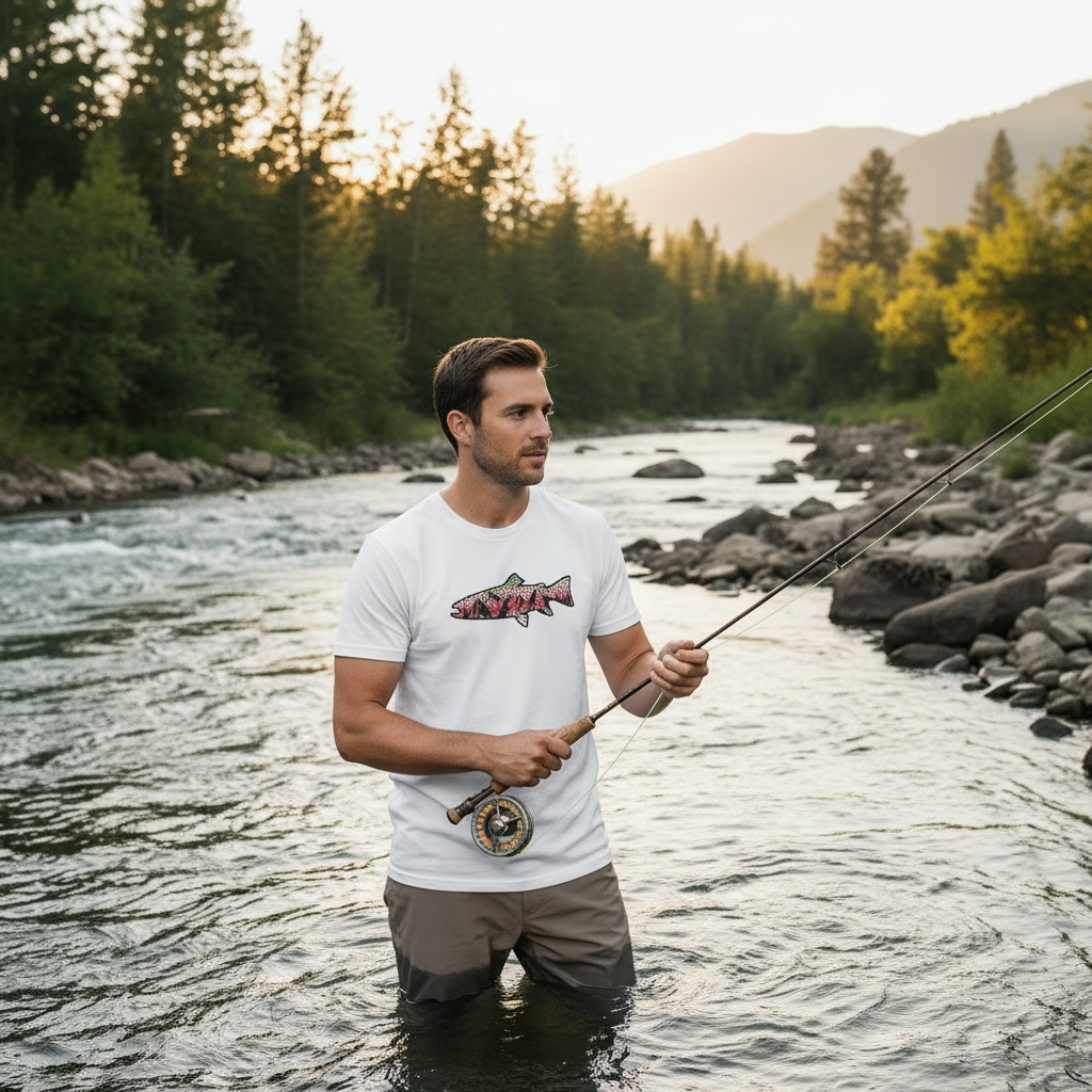Rainbow Trout T-Shirt white with different model fly fishing