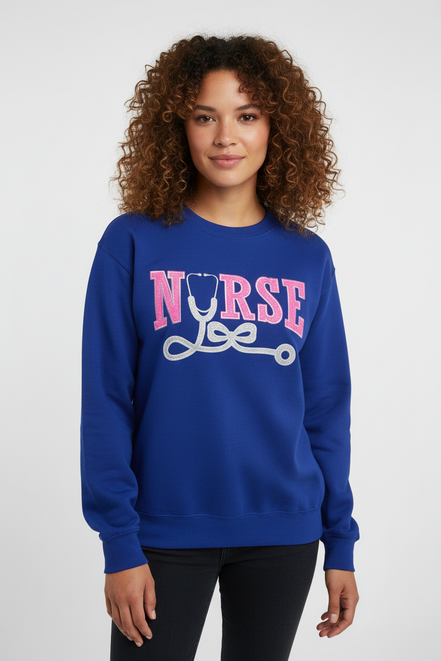 Royal Blue Embroidered nurse sweatshirt
With glitter vinyl