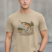 Sand Gildan Softstyle mockup with jumping trout design