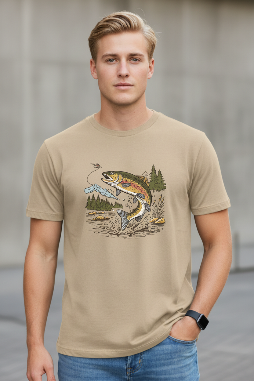 Sand Gildan Softstyle mockup with jumping trout design