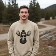 Sand sweatshirt with a moose wearing a beanie and sunglasses