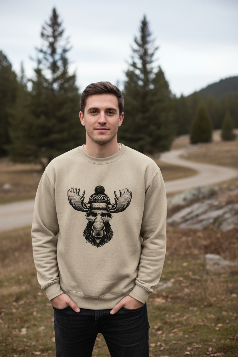 Sand sweatshirt with a moose wearing a beanie and sunglasses