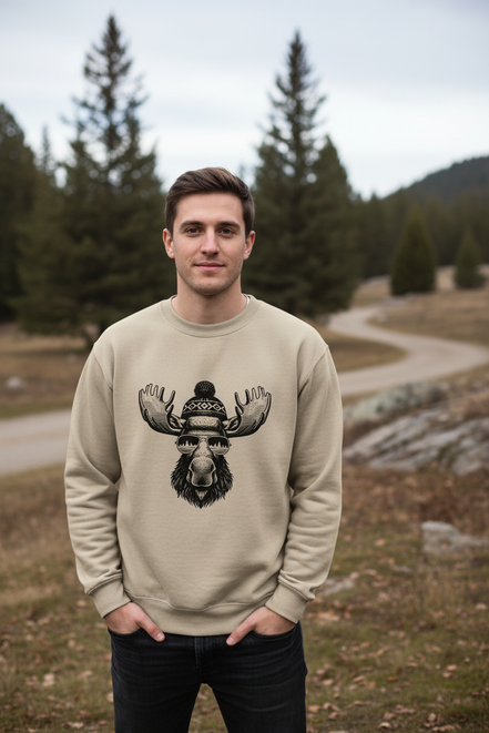 Sand sweatshirt with a moose wearing a beanie and sunglasses