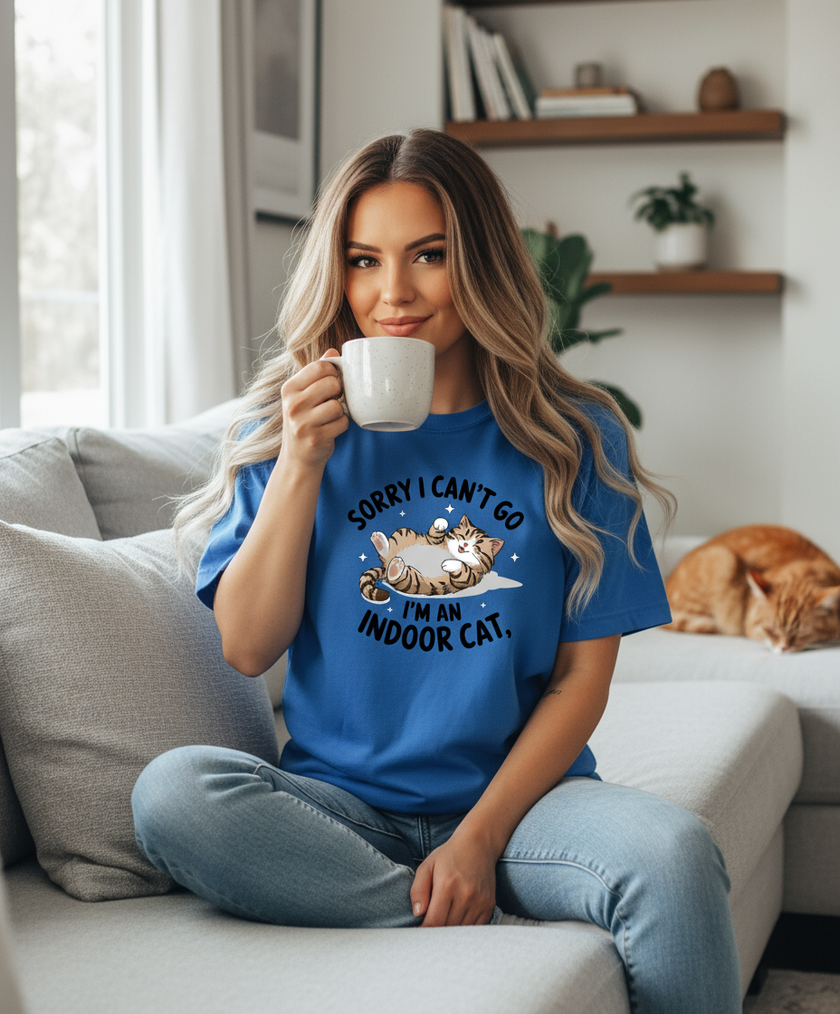 Sorry I Can't Go I'm An Indoor Cat T-Shirt - Different model in royal blue