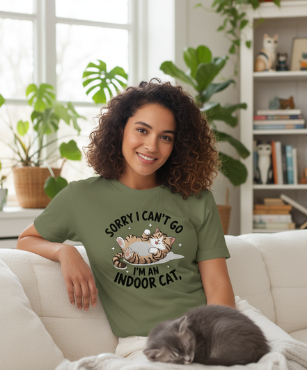 Sorry I Can't Go I'm An Indoor Cat T-Shirt - Gildan military green